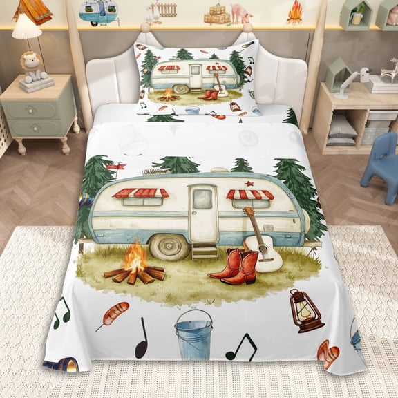 Erosebridal Cute Camping Car Guitar Twin Sheet Sets 3pcs for Teens,Kids Girls Boys Adventure Theme Bedding,Breathable Home Decor