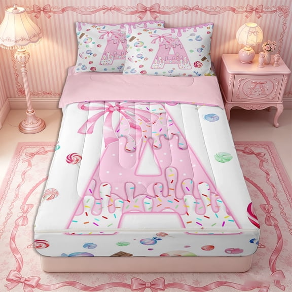 Erosebridal Cute Candy Initial A Zipper Twin Comforter Sets with Fitted Sheet and 2 Pillowcases,Playful Sweet Treat Zipper Bedding Set,Pink White,4-Piece,Pink Reversible