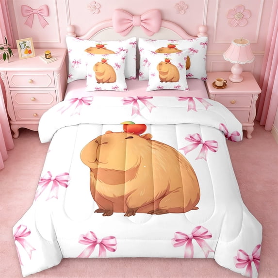 Erosebridal Cute Capybara 7-Piece Twin Bedding Sets For Girls,Pink Bowknot Bedding Comforter Set For Girls,Pink Reversible