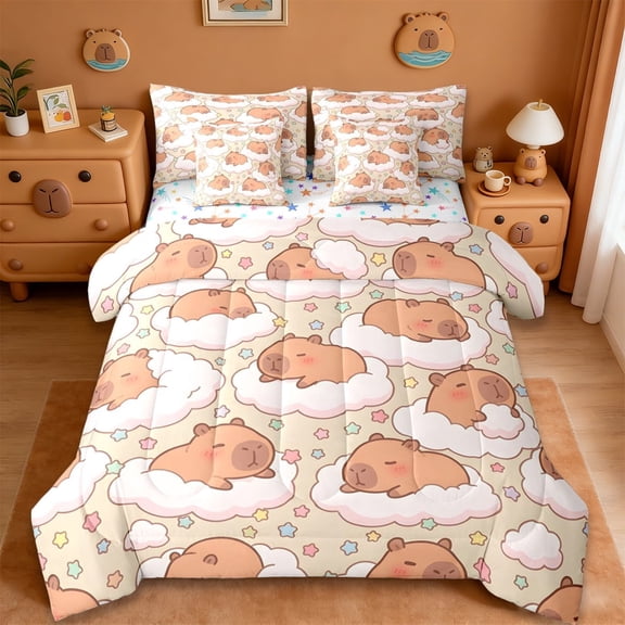Erosebridal Cute Capybara 7 Pieces Bedding Comforter Set,Rainbow Stars Print Full Bedding Set For Girls Kids Reversible