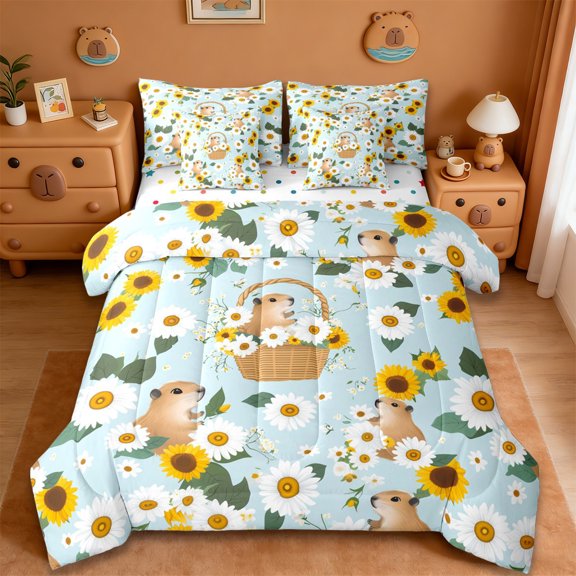 Erosebridal Cute Capybara 7pcs Bedding Comforter Set For Capybara Lovers,Kawaii Daisy Rustic Flower Queen Bedding Sets Reversible