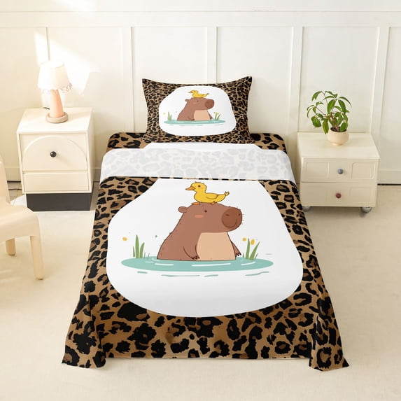 Erosebridal Cute Capybara Animal Twin Sheet Sets For Capybara Lover,Chic Leopard Print Bedding For Girls Kids 3-Piece