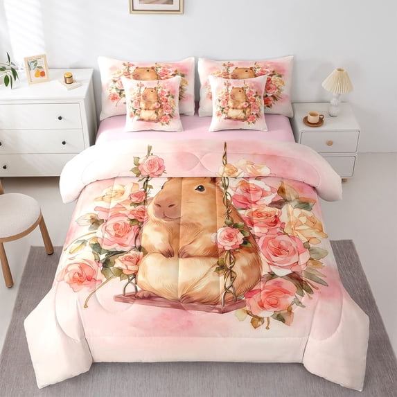 Erosebridal Cute Capybara Bedding Comforter Set 7pcs For Teens,Romantic Flowers Roses Queen Bedding Sets For Kids Boy Girls,Pink Reversible