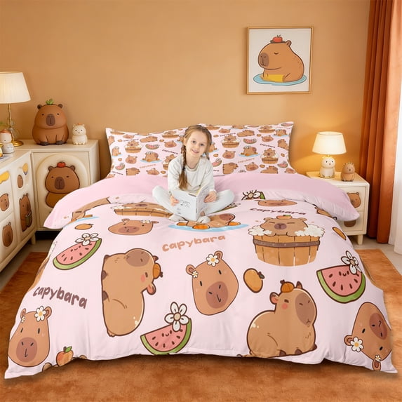 Erosebridal Cute Capybara Duvet Cover Set,Brown Cartoon Animal Bedding Full For Capybara Lovers ,Reversible Pink 3 Pieces,No Comforter