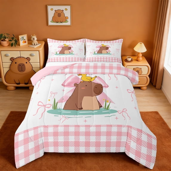 Erosebridal Cute Capybara Full Size Comforter Sets,Pink Bowknot Ribbon Bows Bedding Sets For Girls Kids ,Reversible Pink 3 Pieces