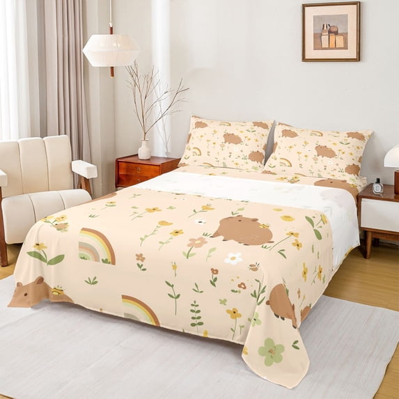 Erosebridal Cute Capybara Girl Kid Bed Sheets, Flower Floral King Sheets, 4-Piece