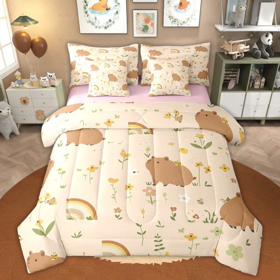 Erosebridal Cute Capybara Girl Kid Twin Bedding Sets, Flower Floral Bedding Comforter Set, Pink Reversible, 7-Piece