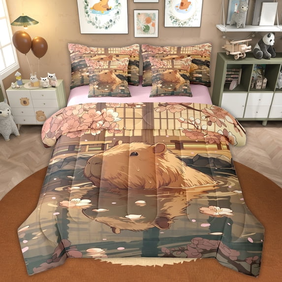 Erosebridal Cute Capybara Kid Bedding Comforter Set, Tokyo Blossoms Flower Full Bedding Set, 7 Pieces