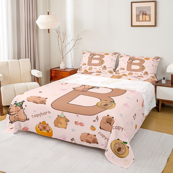 Erosebridal Cute Capybara Kid Queen Sheet Sets, Brown Letter B Bed Set, 4-Piece