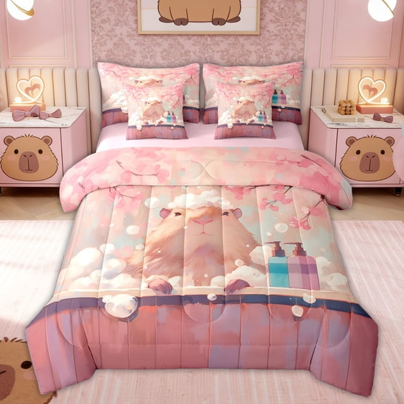 Erosebridal Cute Capybara Kid Twin Bedding Sets, Blossoms Floral Bedding Comforter Set, Pink Reversible, 7 Pieces