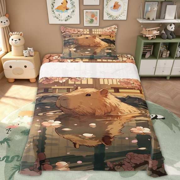 Erosebridal Cute Capybara Kid Twin Sheet Sets, Tokyo Blossoms Flower Bedding, 3 Pieces