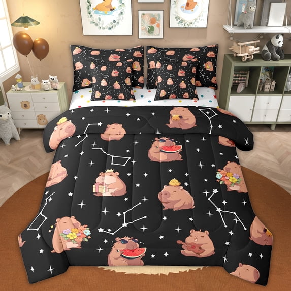 Erosebridal Cute Capybara Kids Twin Bedding Sets, Astrology Stars Sky Bedding Comforter Set, 7 Pieces