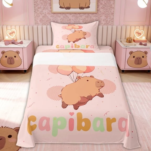 Erosebridal Cute Capybara Kids Twin Sheet Sets, Cartoon Balloon Bedding, 3 Pieces
