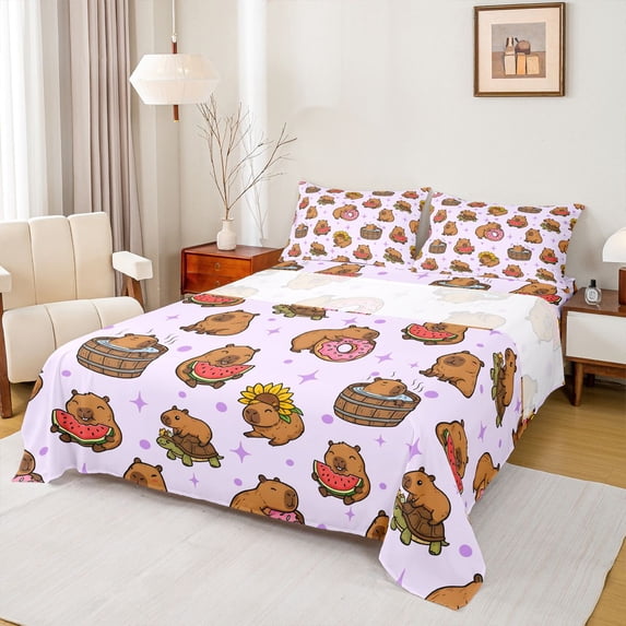 Erosebridal Cute Capybara Queen Sheet Sets,Kawaii Doughnut Summer Fruit Watermelon Bed Set For Capybara Lovers 4 Pieces