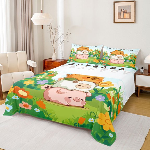 Erosebridal Cute Capybara Sheep Pig Bed Sheets 4pcs For Teens,Cartoon Animal Flowers King Sheets For Kids Boy Girls,Microfiber Bedroom Decor