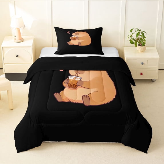 Erosebridal Cute Capybara Twin Comforter Sets,Pink Heart Print Bedding Set For Girls Kids ,Reversible Black 2 Pieces