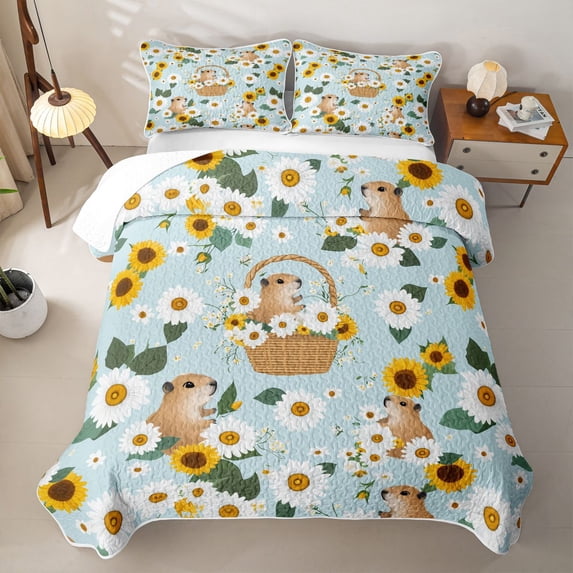 Erosebridal Cute Capybara Twin Quilt Set For Capybara Lovers,Kawaii Daisy Rustic Flower Twin Coverlet Set,2-Piece