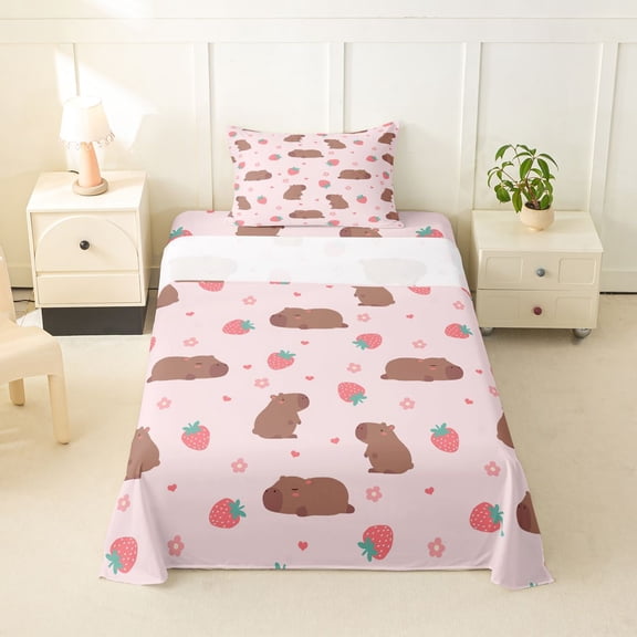 Erosebridal Cute Capybara Twin Sheet Sets for Girls, Pink Strawberry Bedding, 1 Flat Sheet, 1 Fitted Sheet and 1 Pillowcase