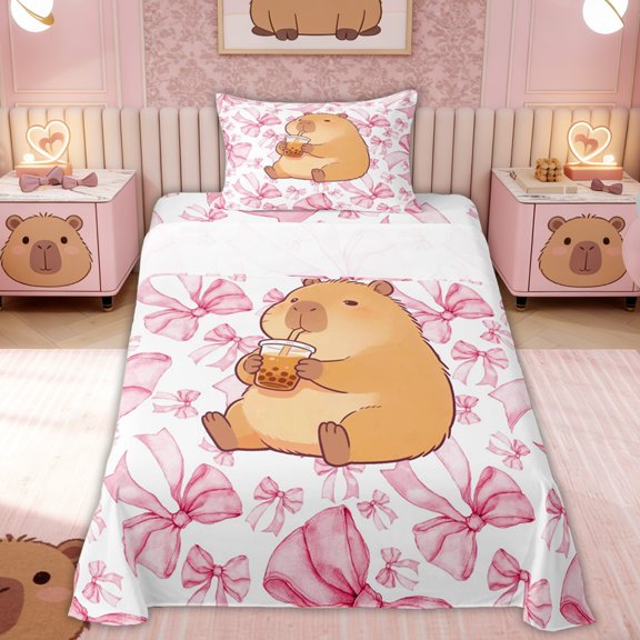 Erosebridal Cute Capybara Twin Sheet Sets for Kids, Girly Pink Bow Bedding, 3-Piece