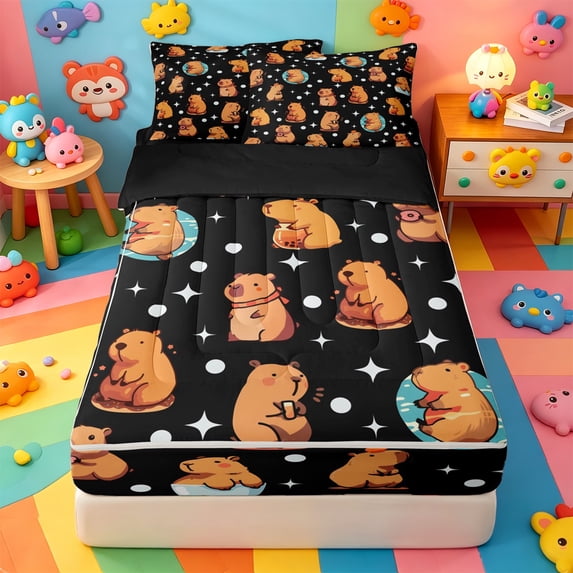 Erosebridal Cute Capybara Zipper Twin Comforter Sets with Fitted Sheet and 2 Pillowcases,Cute Stars Dot Pattern Zipper Bedding Set For Girls,Black Reversible,4pcs