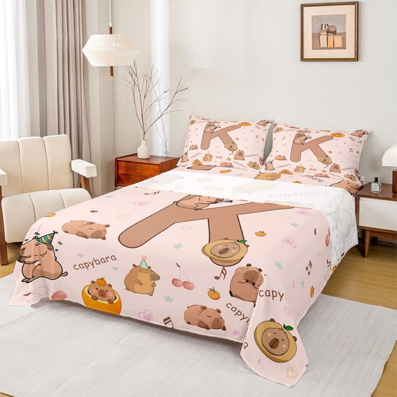 Erosebridal Cute Capybara for Kids Bed Sheets, Cartoon K Letter King Sheets, 4-Piece