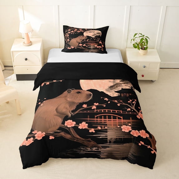 Erosebridal Cute Capybaras With Carrot Twin Bedding For Children,Japanese Style Sakura Duvet Cover Set For Kids Boys Girls,2pcs,No Comforter,Black Reversible