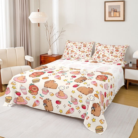 Erosebridal Cute Capybaras Queen Sheet Sets 4 Pieces For Teens,Funny Food Bubble Tea Hamburger Dessert Animal Bed Set For Kids Boy Girls,Ultra Soft Home Decor
