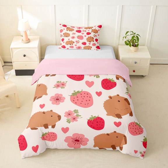 Erosebridal Cute Capybaras Twin Bedding For Children,Pink Strawberry Flowers Duvet Cover Set For Kids Boys Girls,2pcs,No Comforter,Pink Reversible