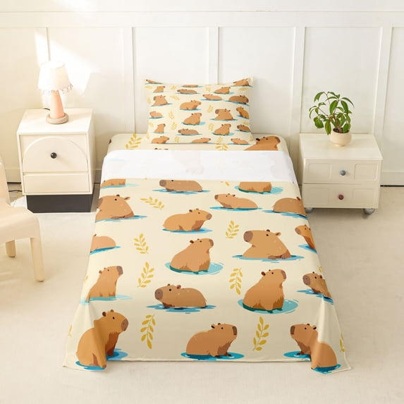 Erosebridal Cute Capybaras Twin Sheet Sets,Kawaii Rodent Animal Capybara Bedding For Kids 3 Pieces