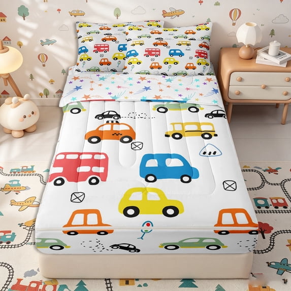 Erosebridal Cute Car Pattern Zipper Twin Comforter Sets with Fitted Sheet and 2 Pillowcases,Traffic Print Zipper Bedding Set,Orange Blue Yellow,Reversible