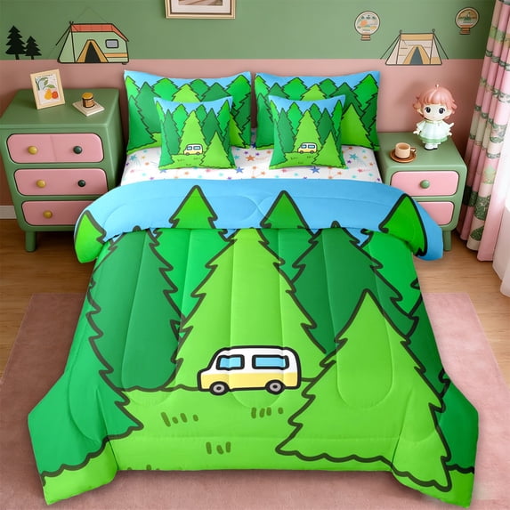 Erosebridal Cute Cartoon Camper 7-Piece Bedding Comforter Set For Camping Lover,Nature Scenery Green Pine Tree King Bedding Sets,Reversible
