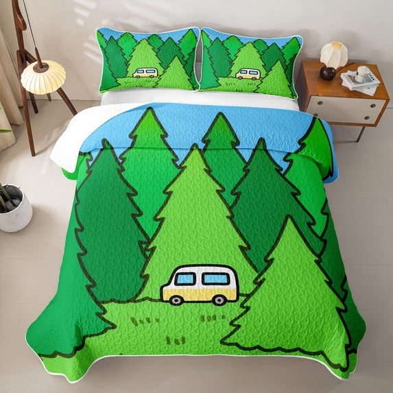Erosebridal Cute Cartoon Camper Quilt King For Camping Lover,Nature Scenery Green Pine Tree King Coverlet Set,3 Pieces