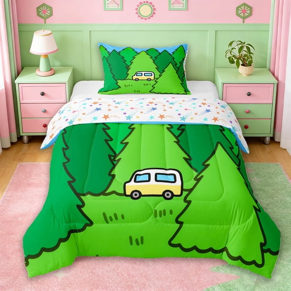 Erosebridal Cute Cartoon Camper Twin Comforter Sets For Camping Lover,Nature Scenery Green Pine Tree Bedding Set,Reversible,2pcs