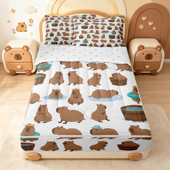 Erosebridal Cute Cartoon Capybara Zipper Queen Comforter Set with Fitted Sheet and 2 Pillowcases,Water Animal Zipper Bedding Set For Girls,Reversible,4pcs