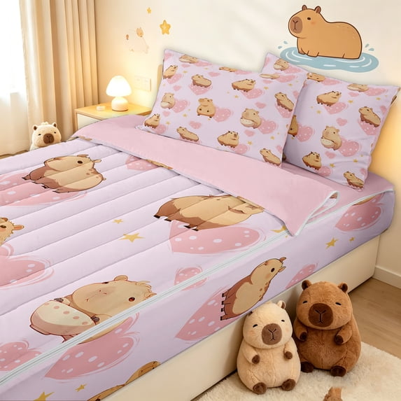 Erosebridal Cute Cartoon Capybara Zipper Twin Comforter Sets with Fitted Sheet and 2 Pillowcases for Girls, Pink Love Heart Animal Zipper Bedding Set, Pink Reversible, 4 Pieces