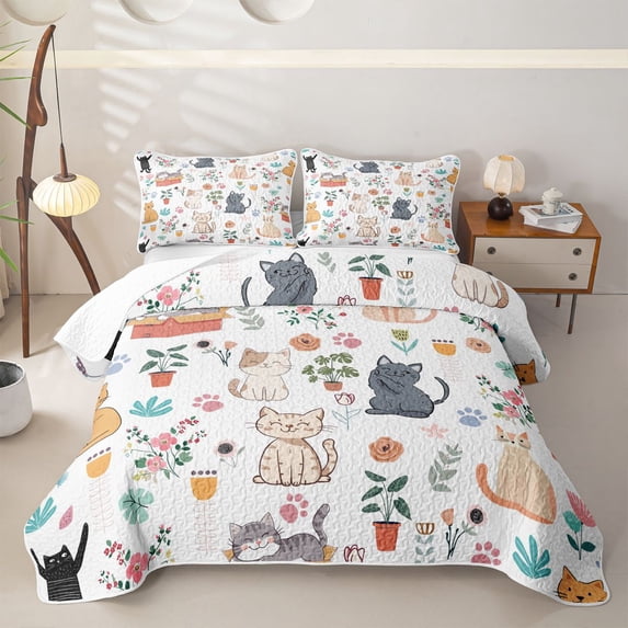 Erosebridal Cute Cartoon Cat Bed Spread Queen for Girls Boys, Rustic Flower Queen Coverlet Set, 3pcs