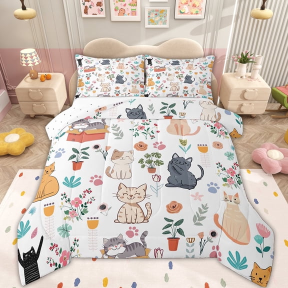 Erosebridal Cute Cartoon Cat Full Size Comforter Sets for Kid, Rustic Flower Bedding Sets, 3pcs