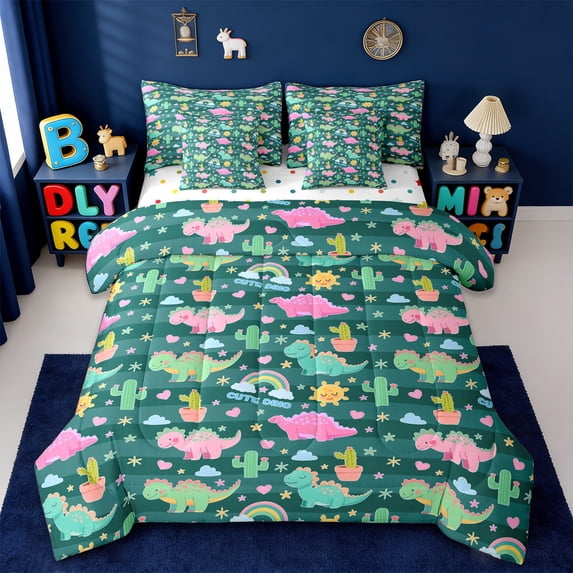 Erosebridal Cute Cartoon Dino 7 Pieces Bedding Comforter Set,Wild Animal Dinosaur Tropical Botanical Cactus Full Bedding Set For Boys Teens,Reversible