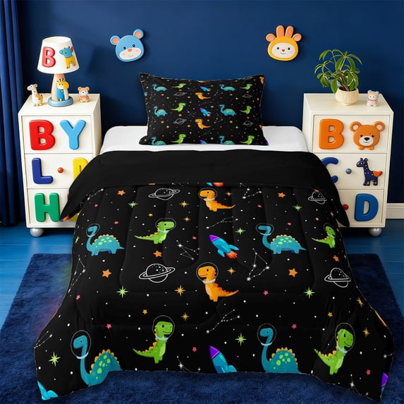 Erosebridal Cute Cartoon Dino Twin Comforter Sets,Wild Animal Dinosaur Bedding Set For Boys Teens,Black Blue Orange, Reversible 2 Pieces