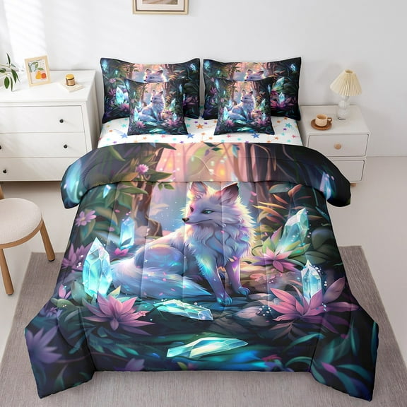 Erosebridal Cute Cartoon Fox Bed in a Bag Full Size,Magic Jungle Blue Crytal Bed Set,Woodland Wildlife Bedding Full Size, Lightweight Room Decor Reversible,7 Pieces