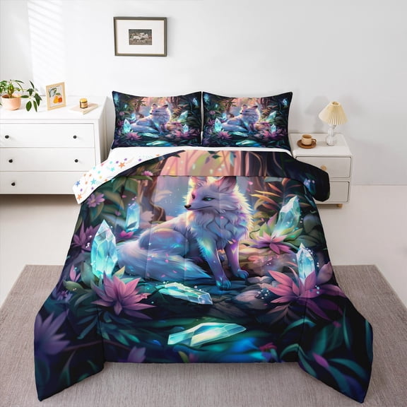 Erosebridal Cute Cartoon Fox Bedding Twin Comforter Set,Magic Jungle Blue Crytal Down Comforter,Woodland Wildlife Bedding Sets Twin with Comforter, Lightweight Room Decor Reversible,2 Pieces