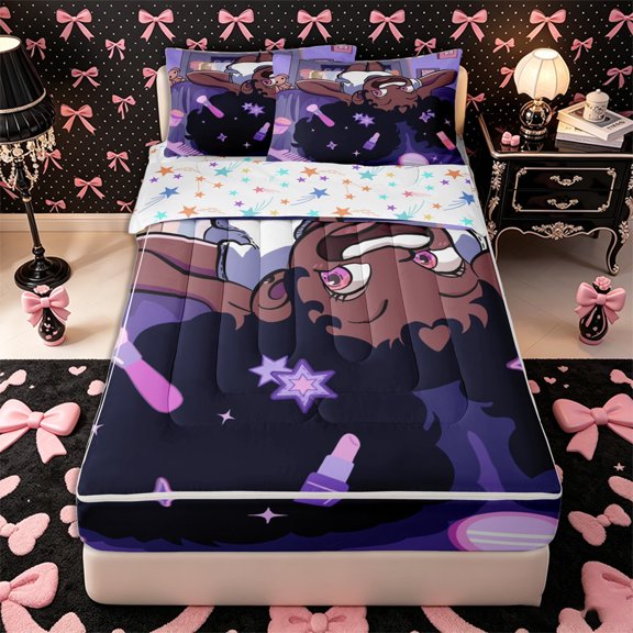 Erosebridal Cute Cartoon Girl Zipper Twin Comforter Sets with Fitted Sheet and 2 Pillowcases,Glam Makeup Star Zipper Bedding Set,Purple Black Pink,4-Piece,Reversible