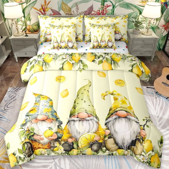 Erosebridal Cute Cartoon Gnome 7pcs Bedding Comforter Set,Tropical Fruit Lemon Queen Bedding Sets For Girls Kids,Reversible