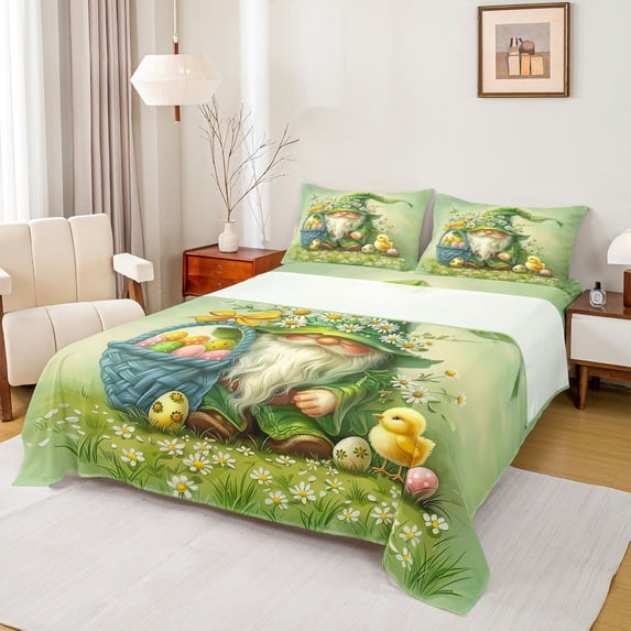 Erosebridal Cute Cartoon Gnome Bed Sheets,Happy Easter Eggs Cute Blossom Daisy King Sheets For Kids Girls 4-Piece