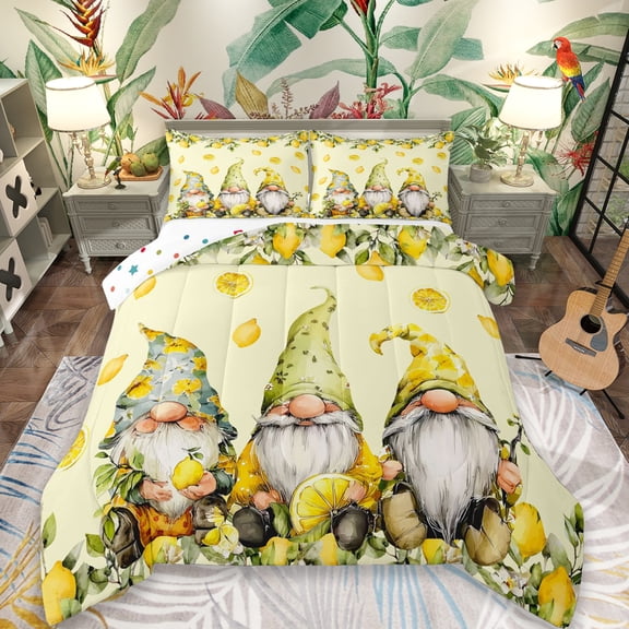 Erosebridal Cute Cartoon Gnome Queen Comforter Set,Tropical Fruit Lemon Bedding Comforter Set For Girls Kids, Reversible 3pcs