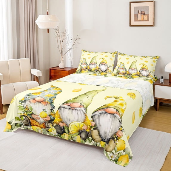 Erosebridal Cute Cartoon Gnome Queen Sheet Sets,Tropical Fruit Lemon Bed Set For Girls Kids 4pcs