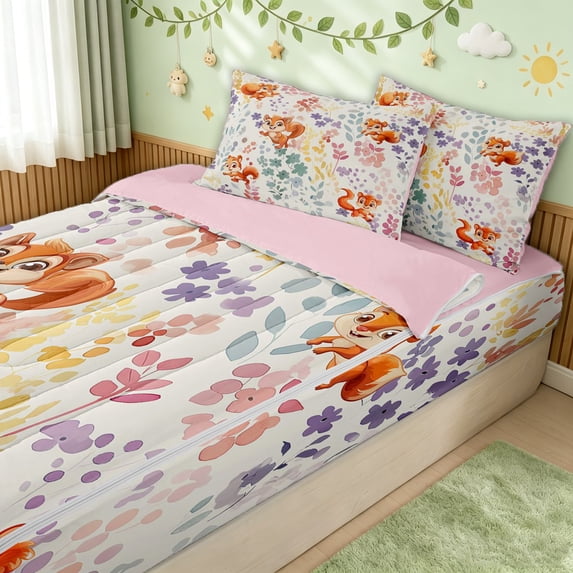 Erosebridal Cute Cartoon Squirrel Zipper Full Size Comforter Sets with Fitted Sheet and 2 Pillowcases for Girls, Ink Flower Leaf Zipper Bedding Set, Pink Reversible, 4pcs