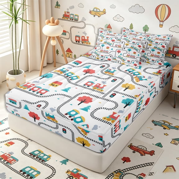 Erosebridal Cute Cartoon Train Track Zipper Twin Comforter Sets with Fitted Sheet and 2 Pillowcases,House Tree Zipper Bedding Set,Teal Red White,4-Piece,Reversible