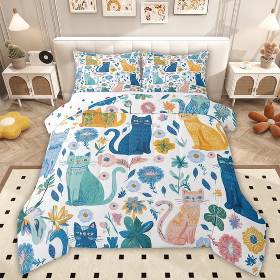 Erosebridal Cute Cat Animal Queen Comforter Set for Kids, Flower Leaf Plant Bedding Comforter Set, 3pcs