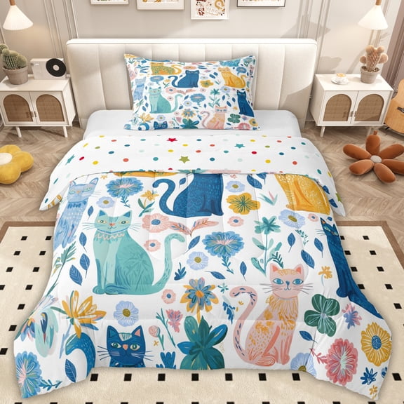 Erosebridal Cute Cat Animal Twin Comforter Sets for Kids, Flower Leaf Plant Bedding Set, 2pcs